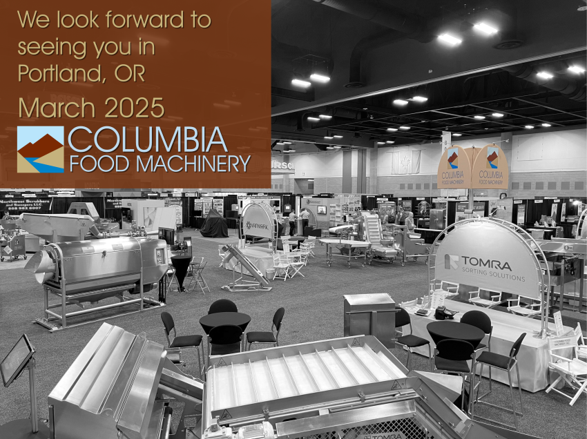 Image of prior FoodNW show booth and Columbia Food Machinery logo inviting others to 2025 show